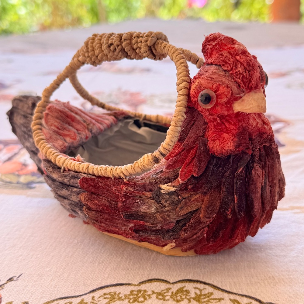 Vintage Folk Art Paper Mache Chicken Hen Basket Planter Primitive Farmhouse